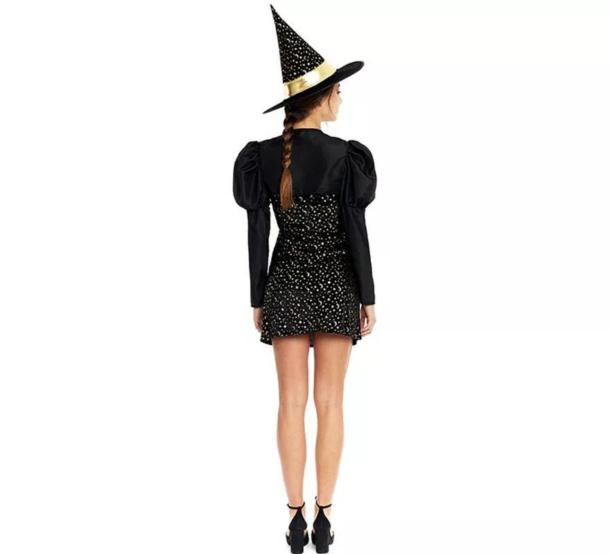 Translation missing: de.Disfraz de Bruja Elegante negro y dorado con lazo para mujer