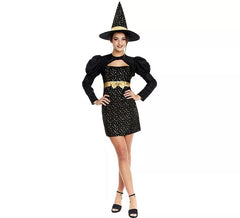 Elegantes schwarz-goldenes Hexenkostüm mit Schleife für Damen