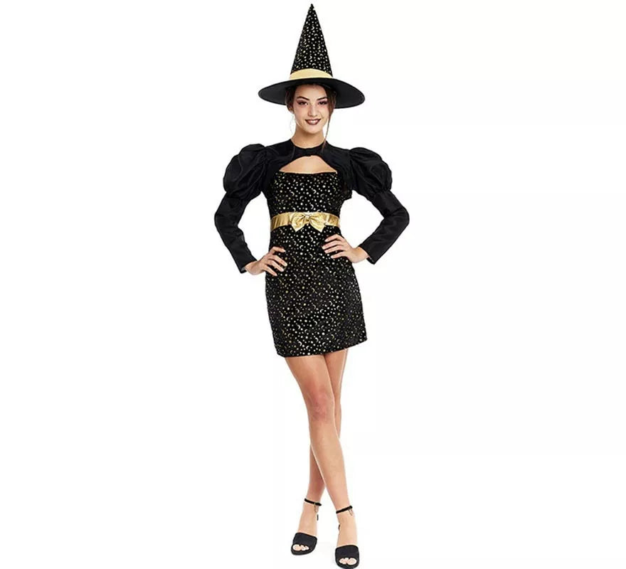 Translation missing: de.Disfraz de Bruja Elegante negro y dorado con lazo para mujer