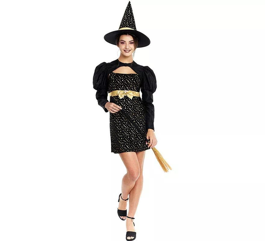 Translation missing: de.Disfraz de Bruja Elegante negro y dorado con lazo para mujer