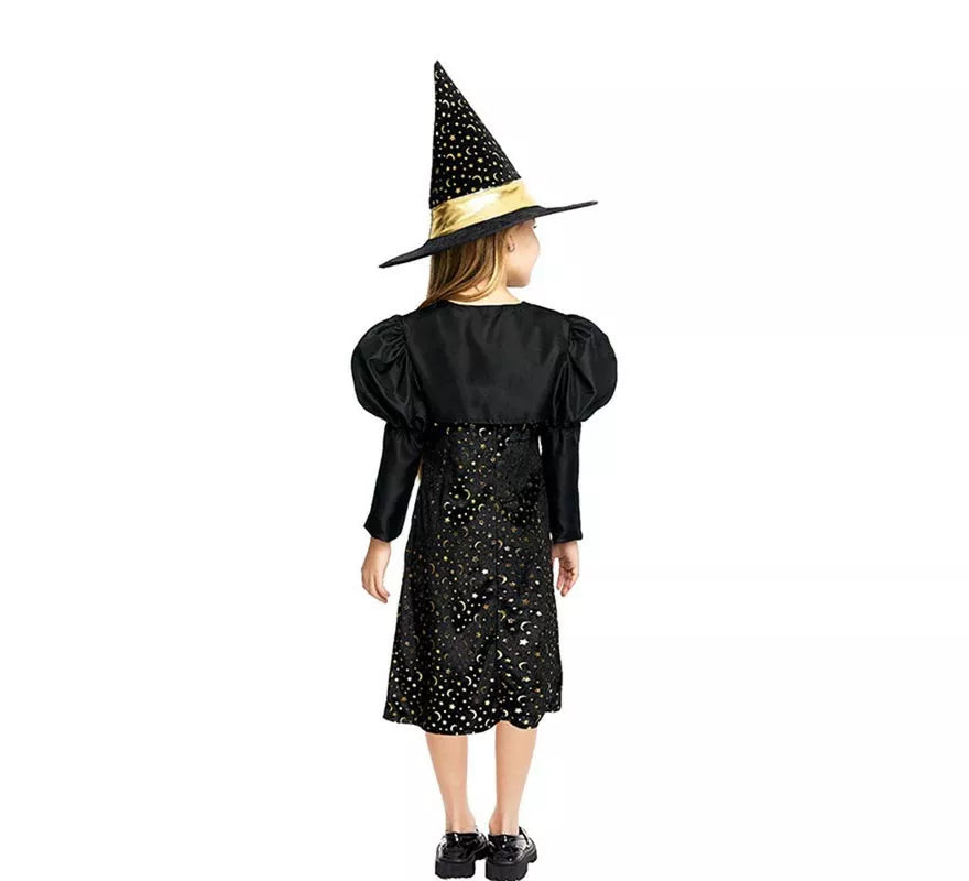Translation missing: de.Disfraz de Bruja Elegante negro y dorado con lazo para niña