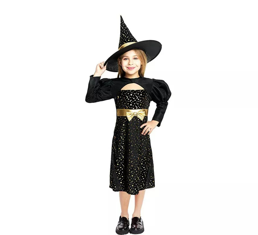 Disfraz de Bruja Elegante negro y dorado con lazo para niña