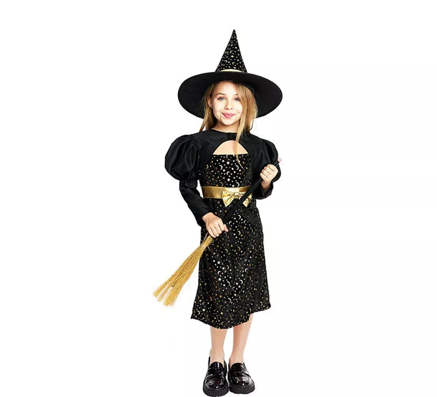 Translation missing: de.Disfraz de Bruja Elegante negro y dorado con lazo para niña