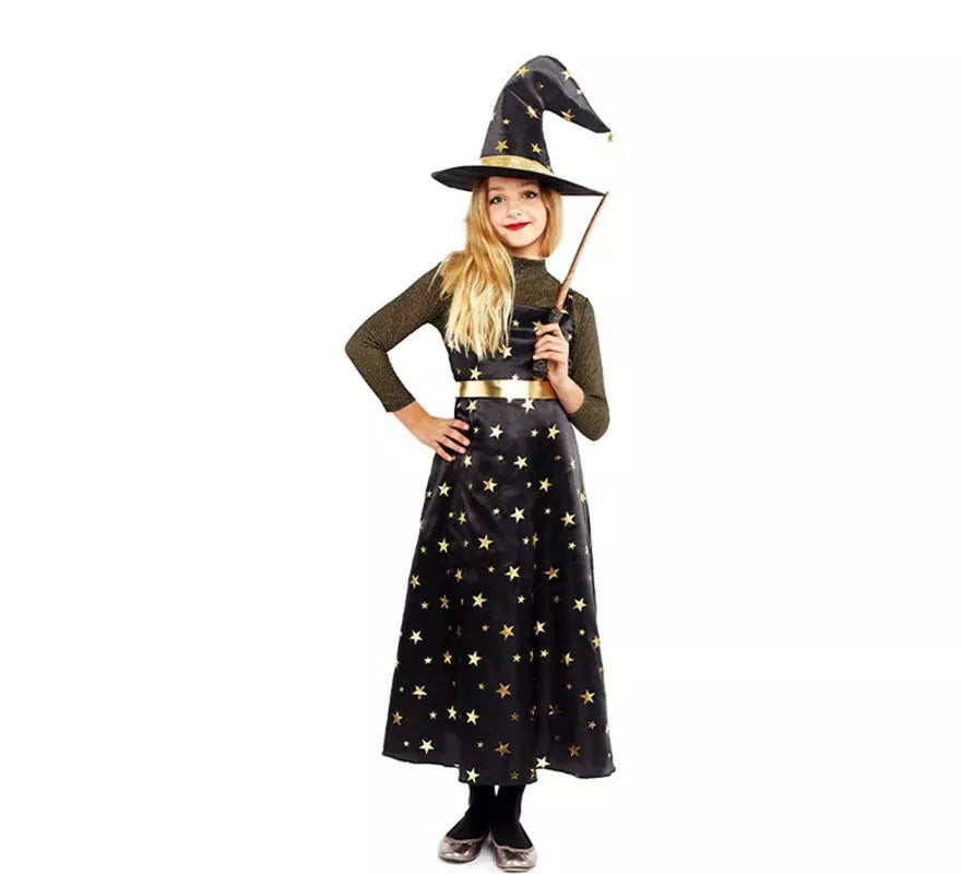 Translation missing: de.Disfraz de Bruja Estrellas dorada con sombrero para niña