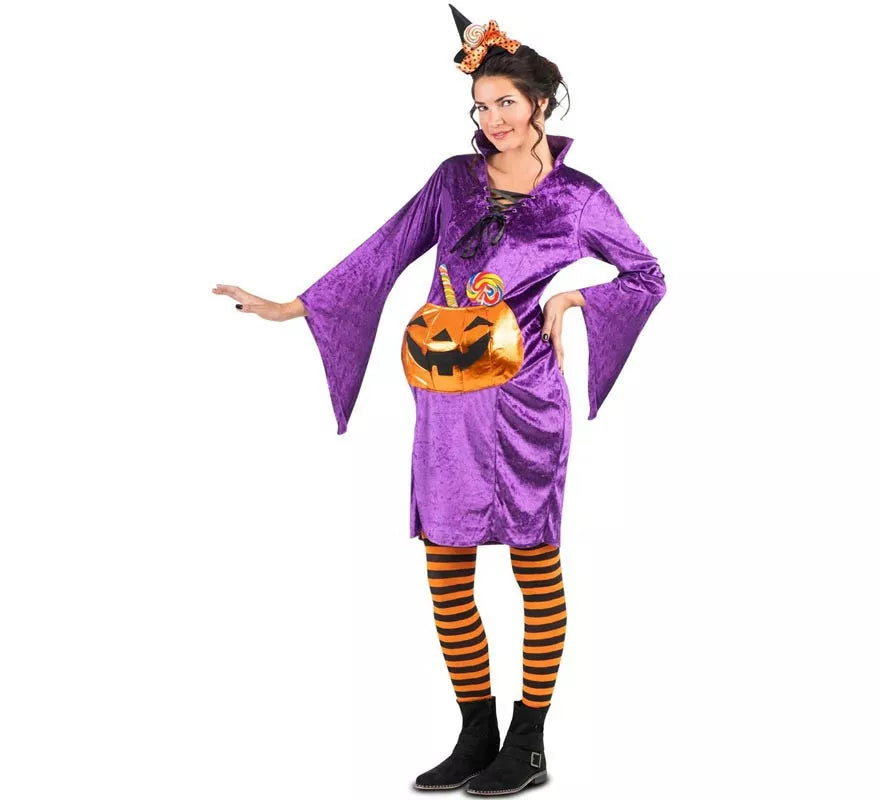 Translation missing: de.Disfraz de Bruja morada con Calabaza para mujer embarazada