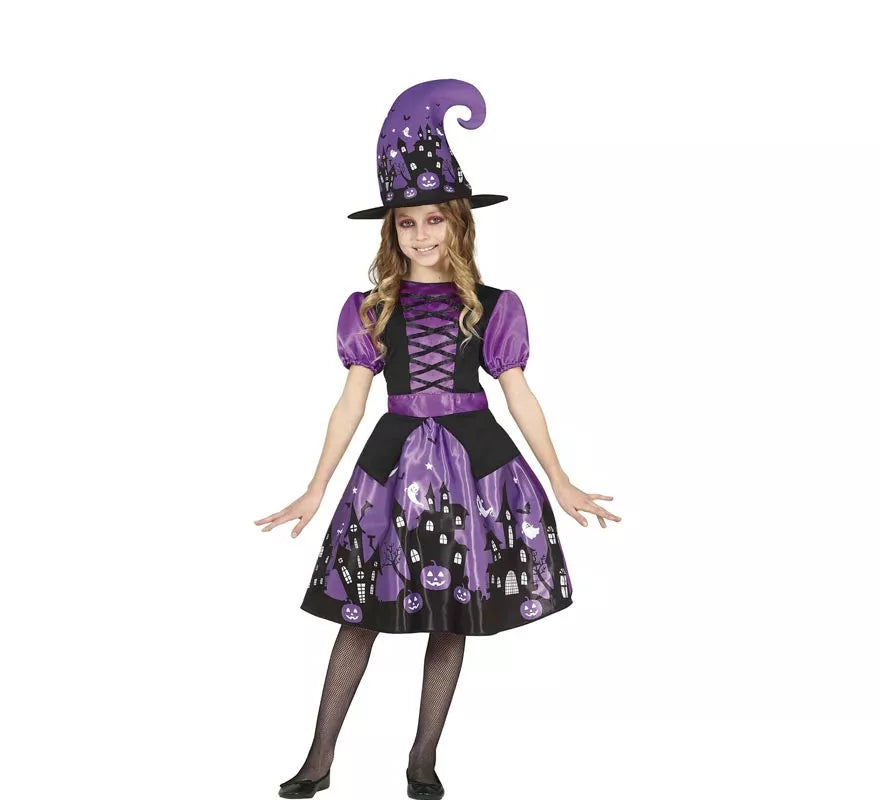 Translation missing: de.Disfraz de Bruja Morada con vestido estampado para niña