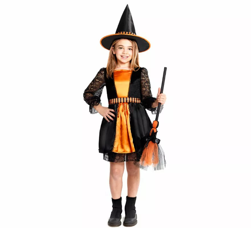 Disfraz de Bruja naranja con Encaje para niña