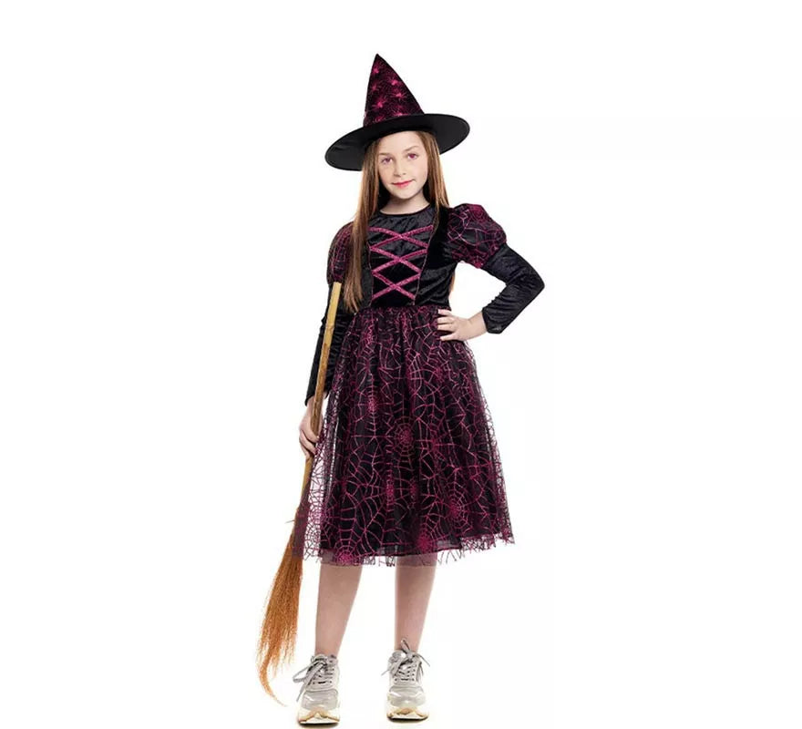 Translation missing: de.Disfraz de Bruja Telaraña negro y fucsia para niña