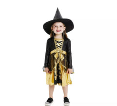 Goldenes und schwarzes Hexenkostüm mit Hut für Babys und Mädchen