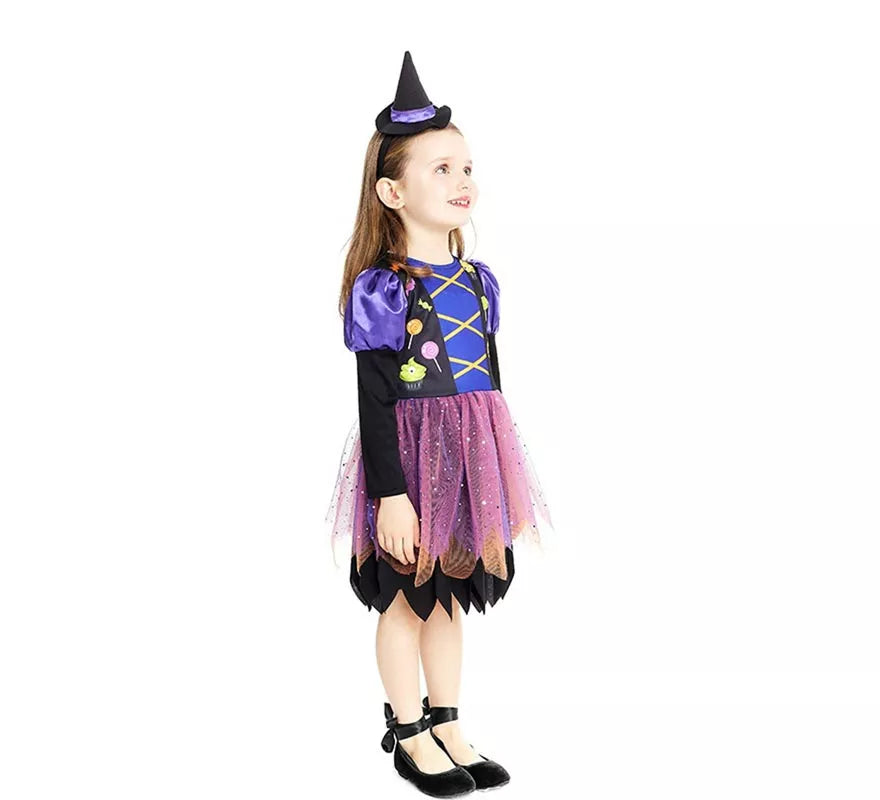 Disfraz de Brujita morada con diadema para bebé y niña
