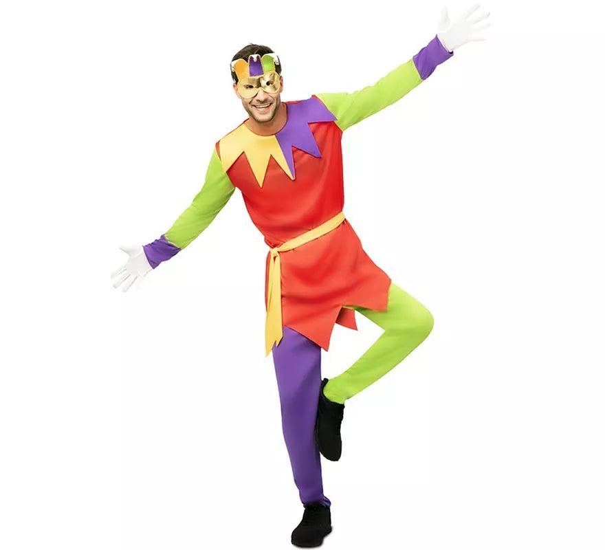 Disfraz de Bufón multicolor con antifaz para hombre