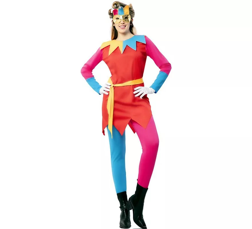 Translation missing: de.Disfraz de Bufona multicolor con antifaz para mujer