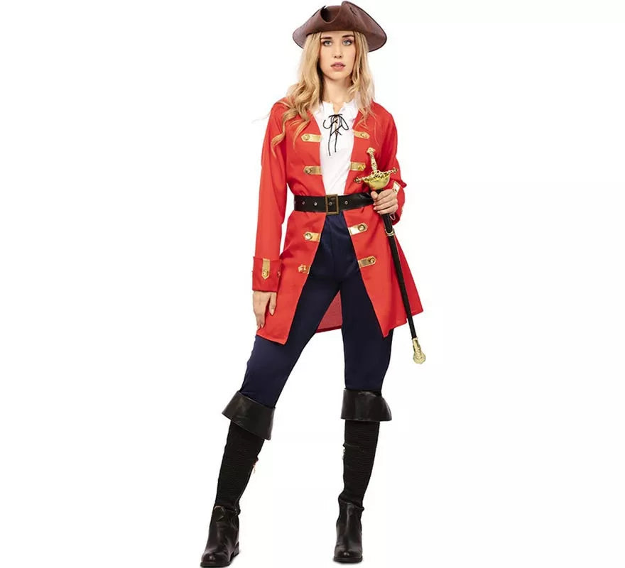 Translation missing: de.Disfraz de Capitana Pirata roja con cinturón para mujer