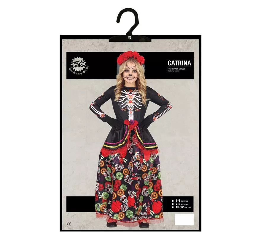 Translation missing: de.Disfraz de Catrina con falda larga estampada para niña