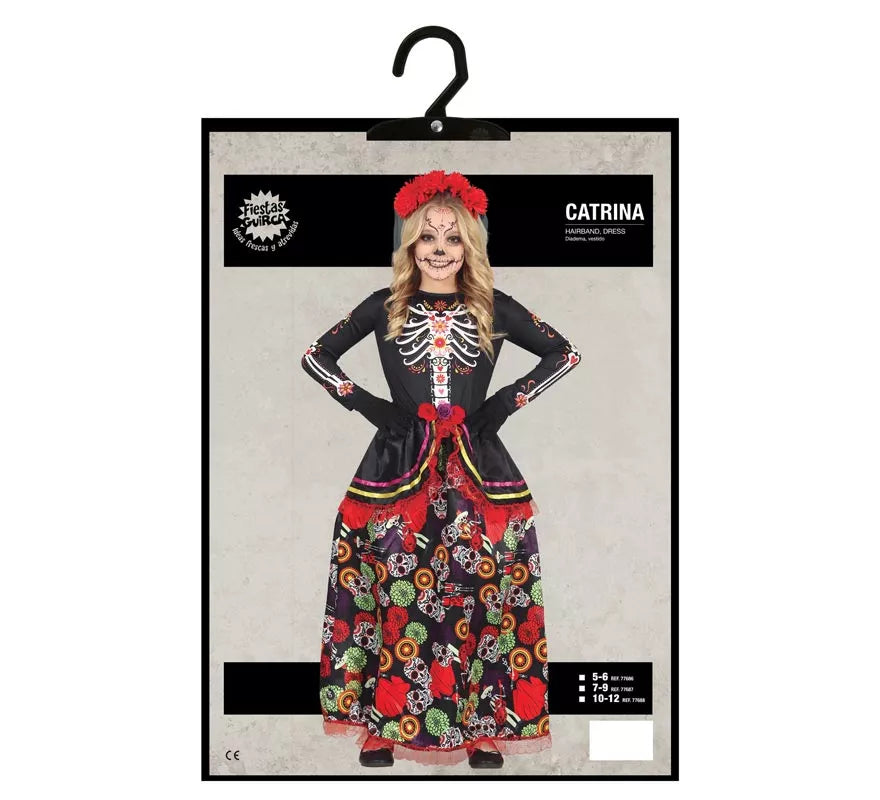 Disfraz de Catrina con falda larga estampada para niña