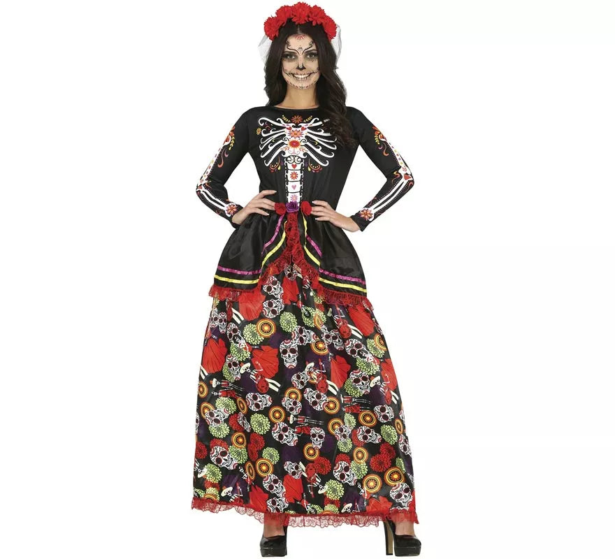 Translation missing: de.Disfraz de Catrina con vestido estampado para mujer