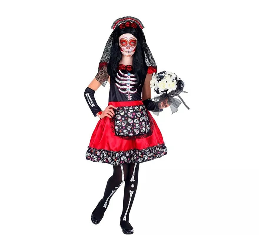 Translation missing: de.Disfraz de Catrina Día de Los Muertos con Velo para niña