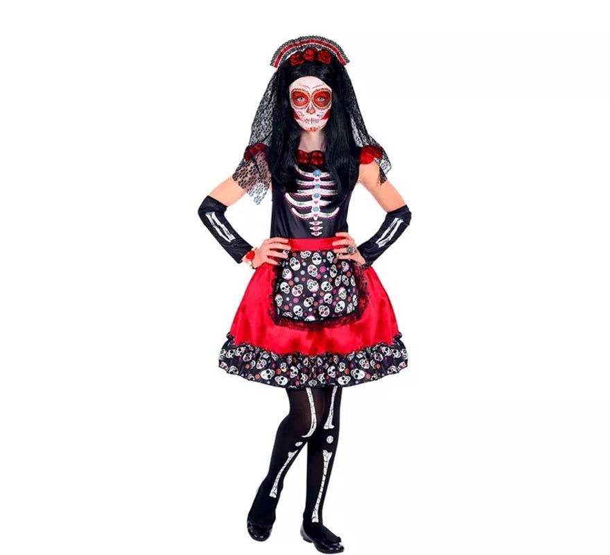 Translation missing: de.Disfraz de Catrina Día de Los Muertos con Velo para niña