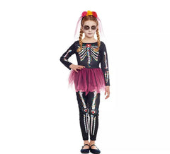 Rosafarbenes Catrina-Kostüm mit Stirnband und Schleier für Mädchen