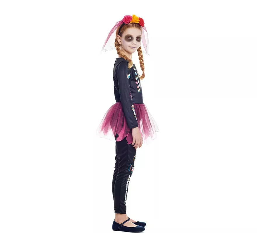 Disfraz de Catrina rosa con diadema y velo para niña