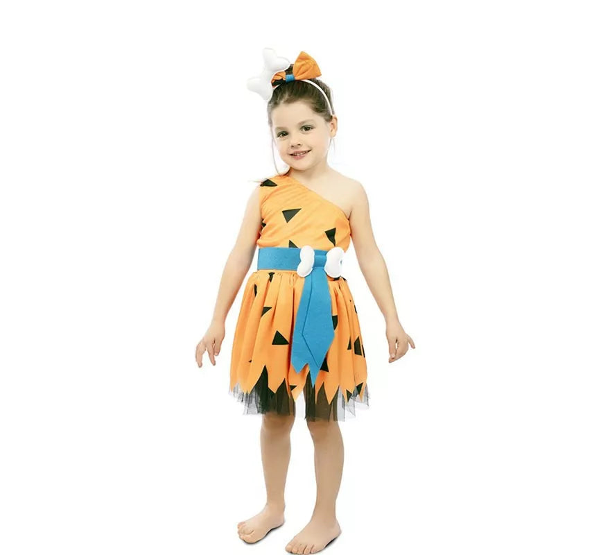 Translation missing: de.Disfraz de Cavernícola naranja con tocado para niña