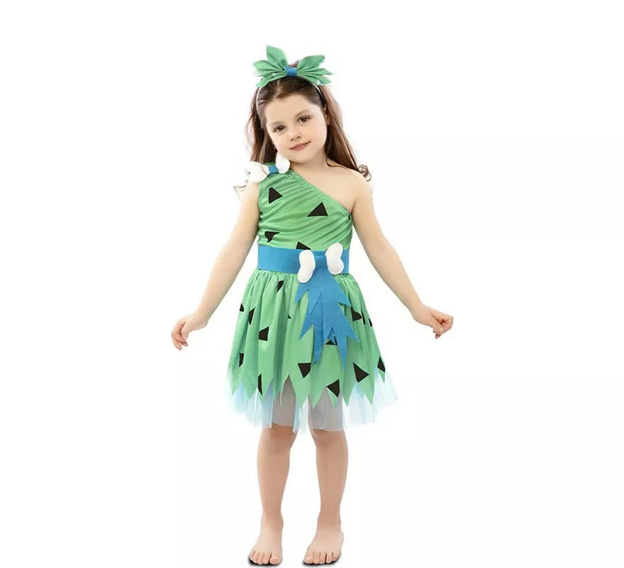 Translation missing: de.Disfraz de Cavernícola verde con tocado para niña