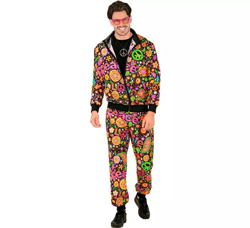 Translation missing: de.Disfraz de Chándal Hippie Groovy Love fluorescente oscuro para adulto