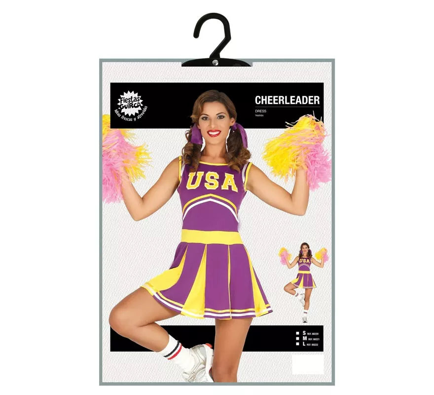 Disfraz de Cheerleader USA morado y amarillo para mujer