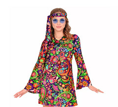 Hippie-Mädchenkostüm im psychedelischen Kleid für Damen