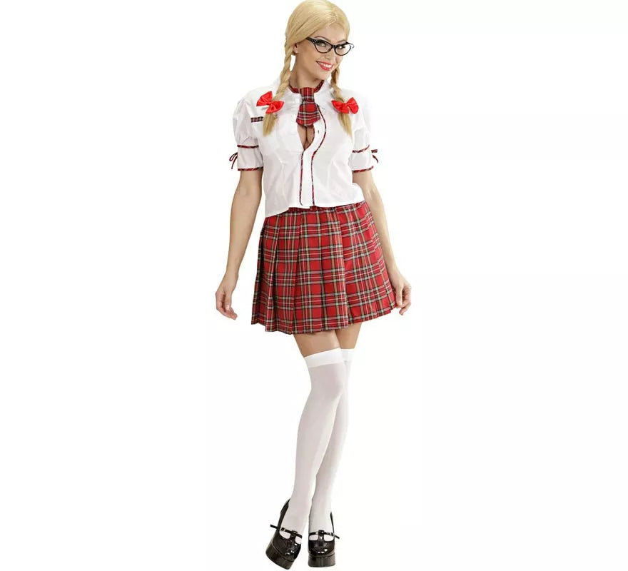 Translation missing: de.Disfraz de Colegiala blanco y rojo con corbata para mujer