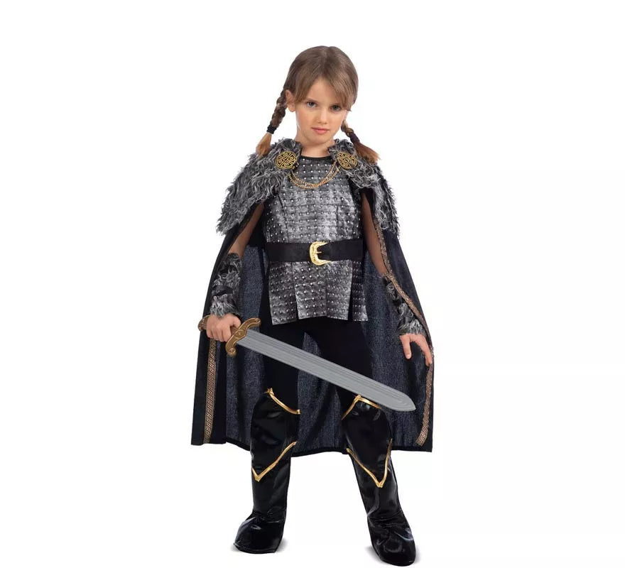 Translation missing: de.Disfraz de Dama Vikinga plateado con capa para niña