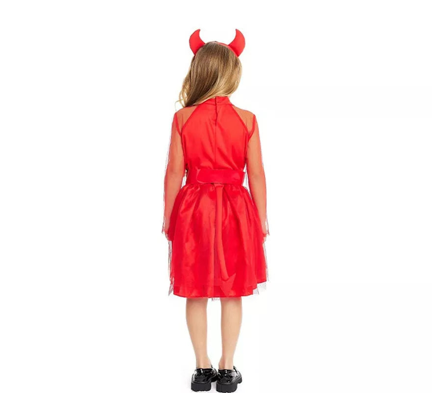 Disfraz de Diablesa moderna roja con diadema y cola para niña