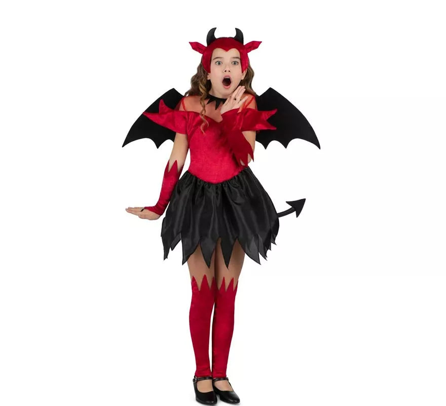 Disfraz de Diablesa rojo y negro con alas para niña