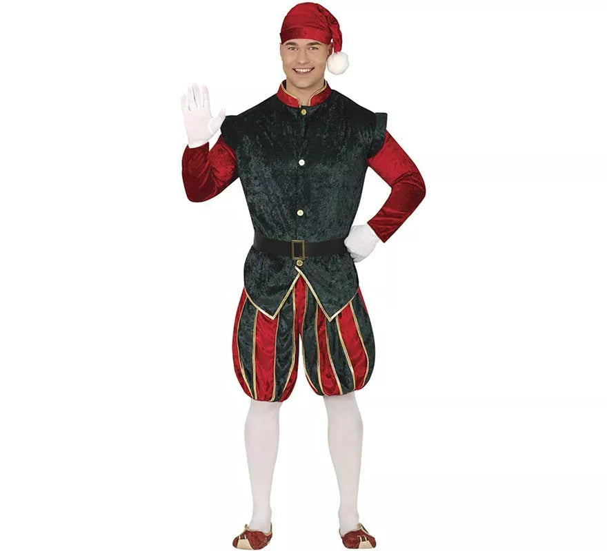 Translation missing: de.Disfraz de Elfo Paje verde y rojo con gorro para hombre