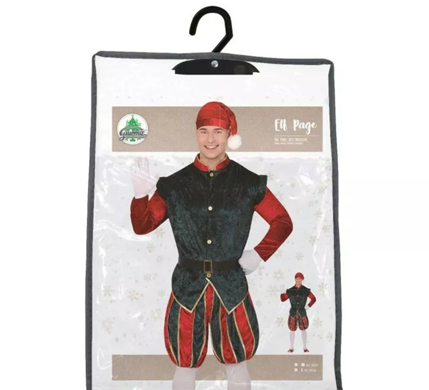 Disfraz de Elfo Paje verde y rojo con gorro para hombre