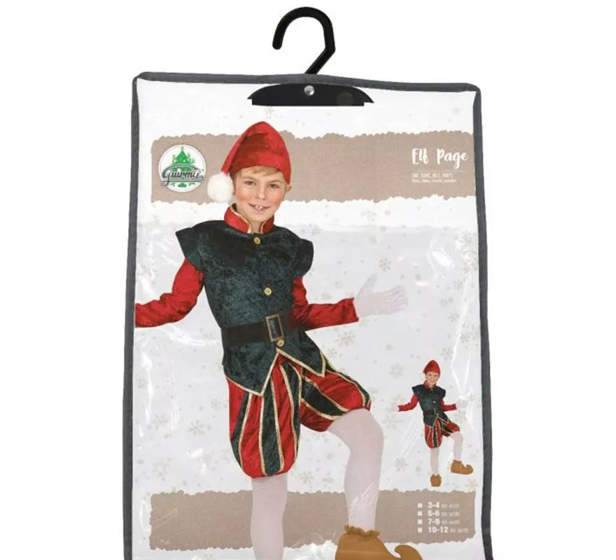 Disfraz de Elfo Paje verde y rojo con gorro para niños