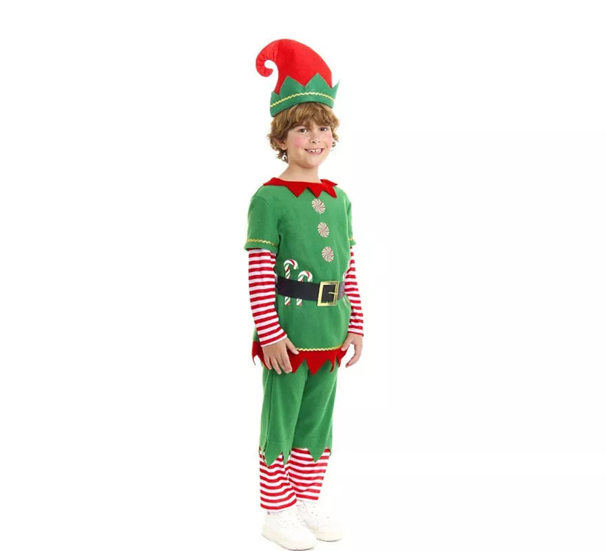 Disfraz de Elfo Polar verde y rojo con cinturón para niño