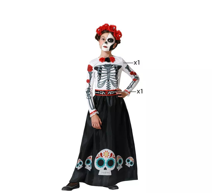Translation missing: de.Disfraz de Esqueleto Mejicano Catrina Rosas para niña