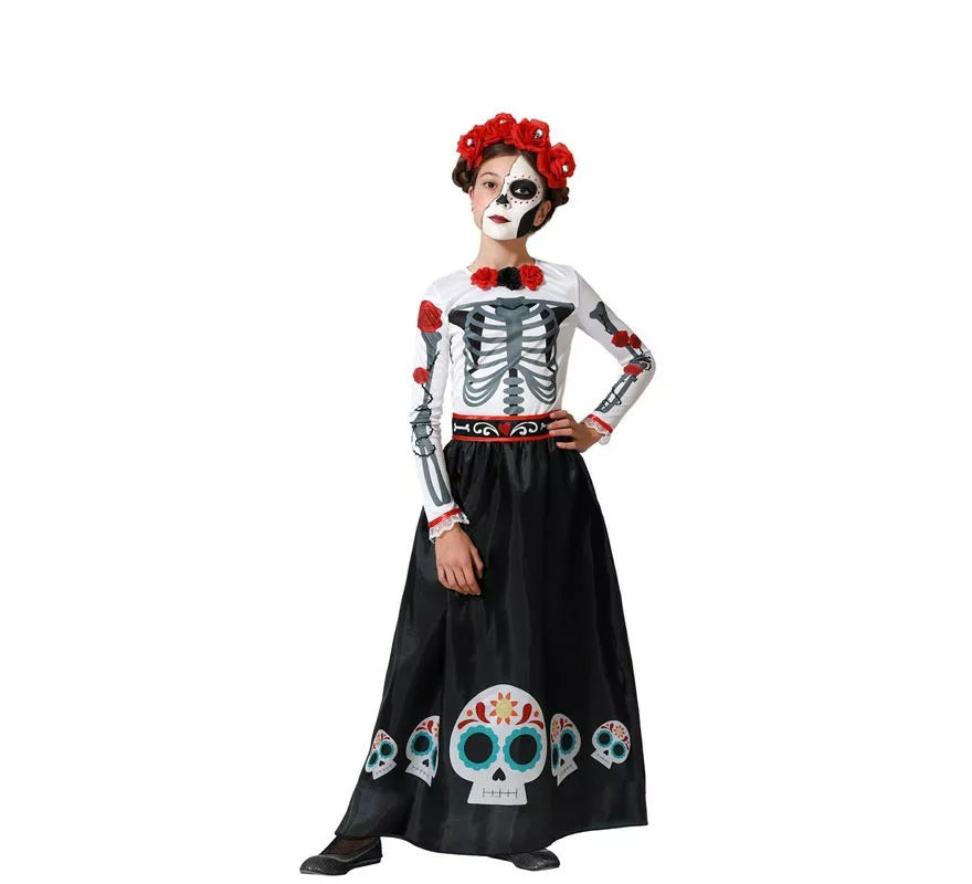 Translation missing: de.Disfraz de Esqueleto Mejicano Catrina Rosas para niña