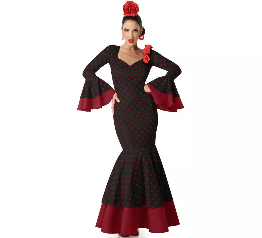 Translation missing: de.Disfraz de Flamenca negro con lunares rojos para mujer