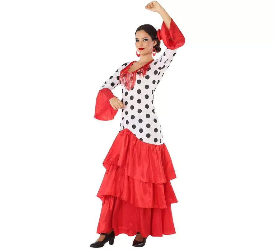 Translation missing: de.Disfraz de Flamenca o Sevillana blanco y rojo para mujer