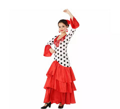 Weißes und rotes Flamenco- oder Sevillana-Kostüm für Damen
