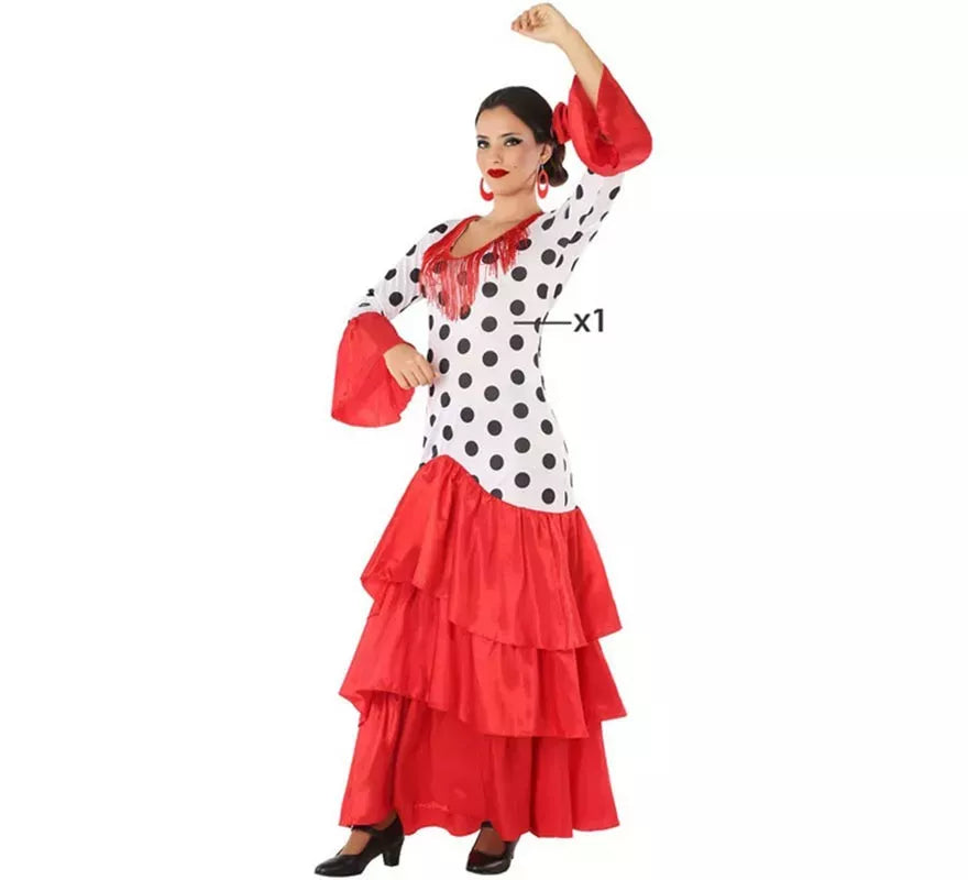 Translation missing: de.Disfraz de Flamenca o Sevillana blanco y rojo para mujer