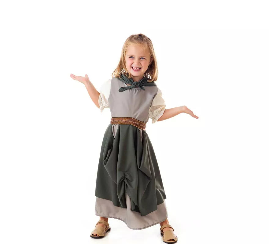 Disfraz de Frutera Medieval gris con pañuelo para niña