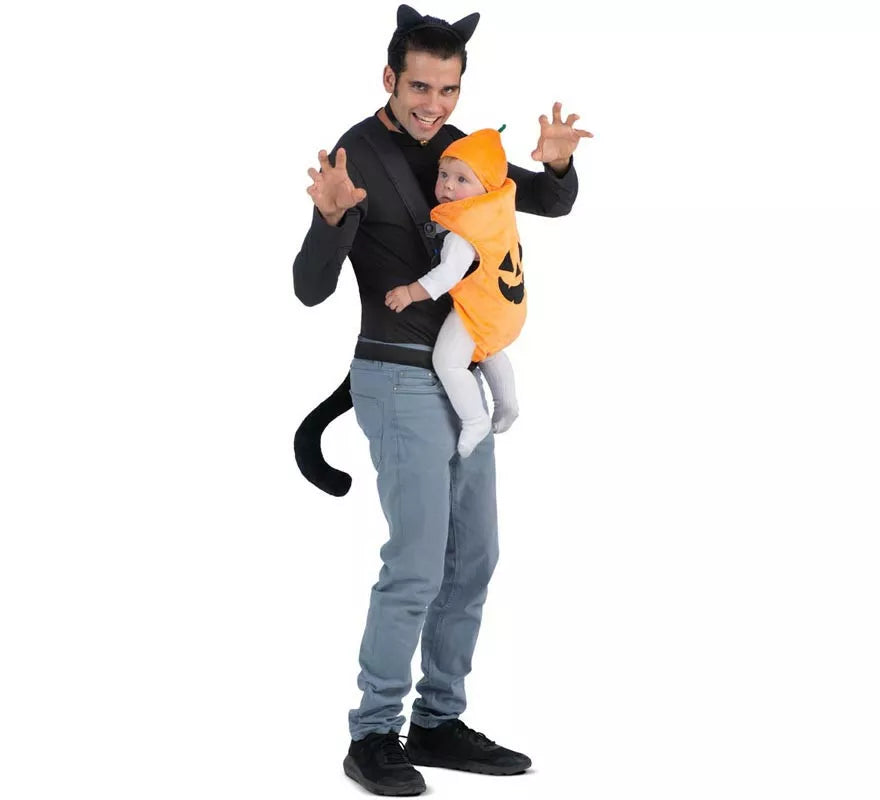 Translation missing: de.Disfraz de Gato y Calabaza con cubremochila para adulto y bebé