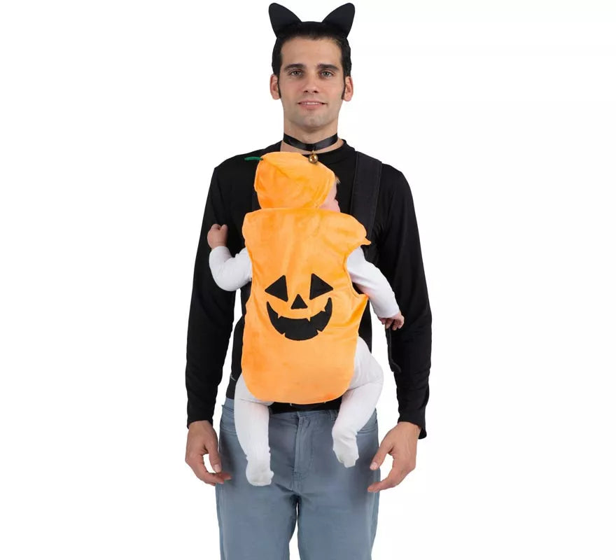 Disfraz de Gato y Calabaza con cubremochila para adulto y bebé