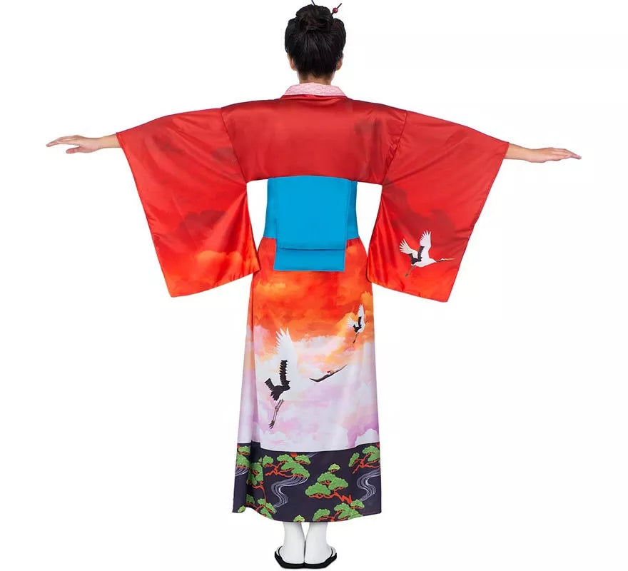 Translation missing: de.Disfraz de Geisha rojo y rosa con cinturón para mujer
