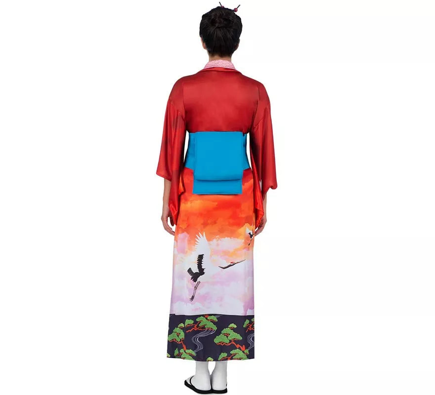 Translation missing: de.Disfraz de Geisha rojo y rosa con cinturón para mujer