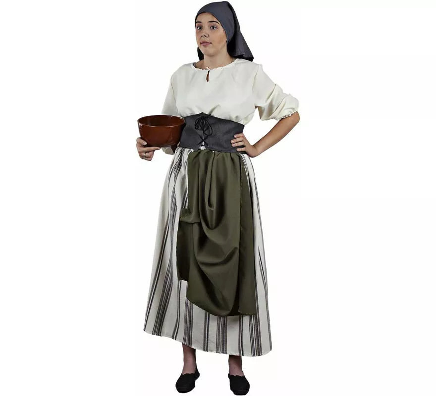 Translation missing: de.Disfraz de Granjera Medieval verde y blanco para mujer