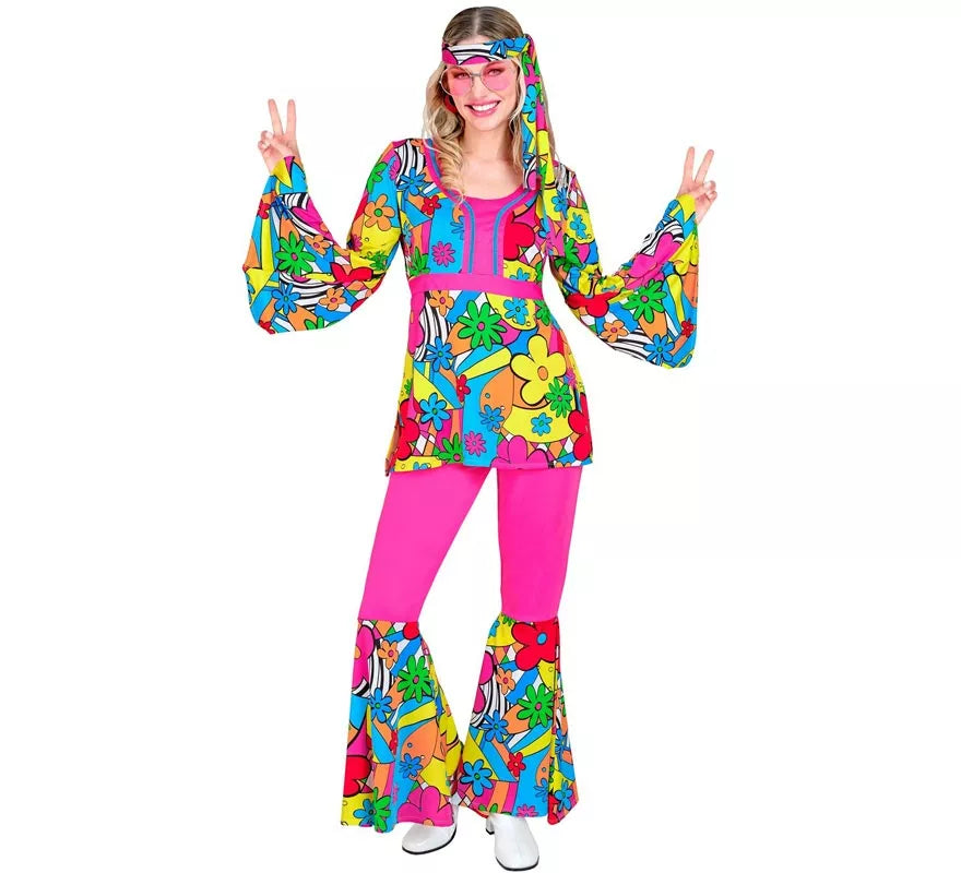 Disfraz de Hippie años 60 Flores de caricatura para mujer